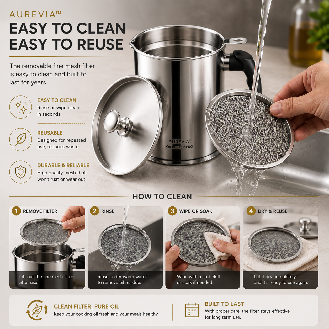 AUREVIA™ OilKeeper Pro — Stainless Steel Oil Filter Pot